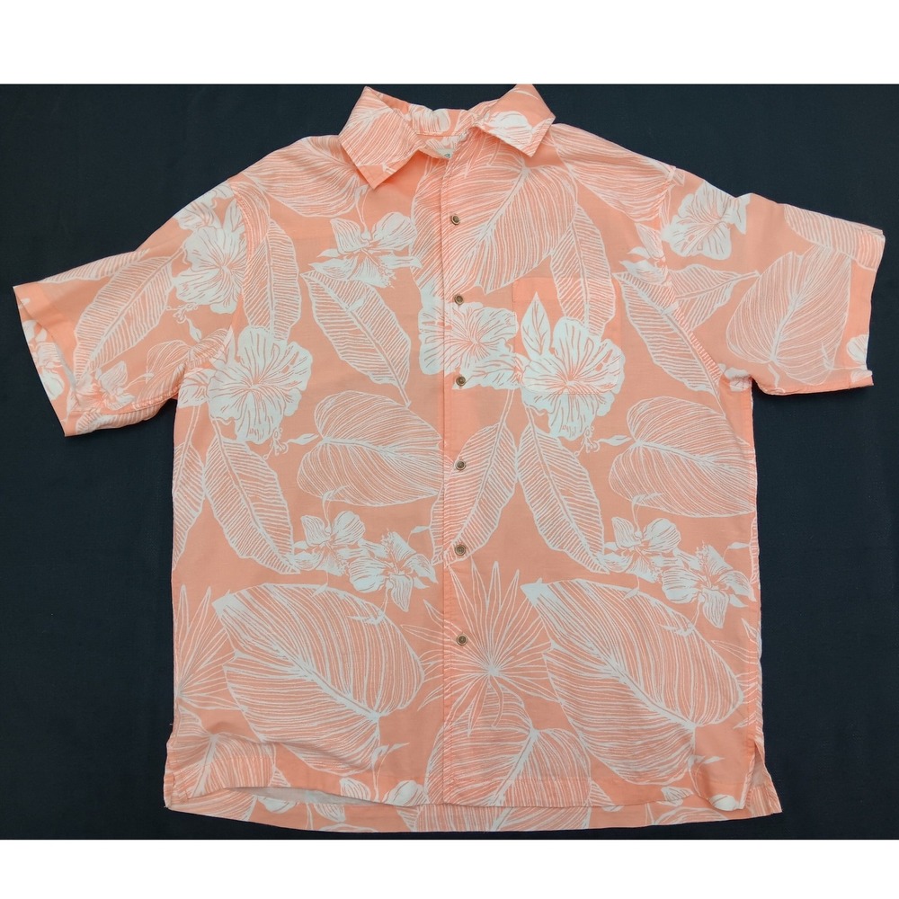 Caribbean Mens Large Peach Floral Linen Cotton Short Sleeve Hawaiian Shirt Large